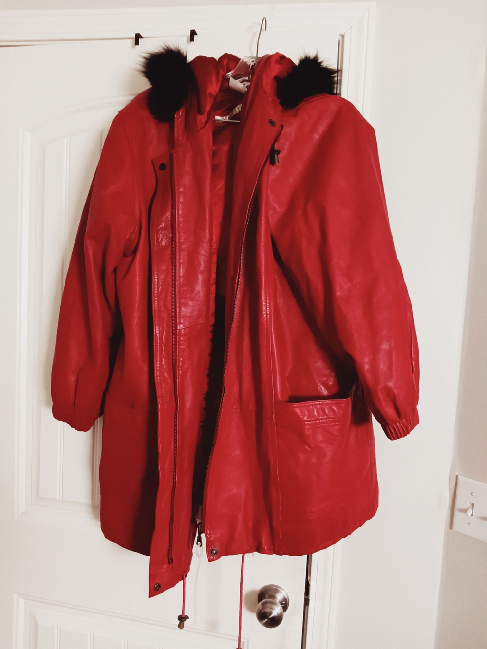 VTG Excelled Red Leather Hooded Parka Jacket Coat Faux Fur Trim  2XL